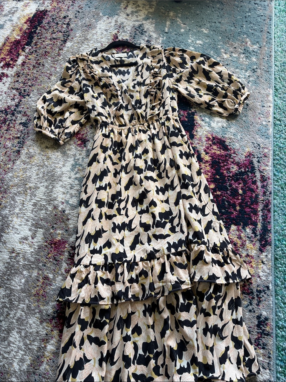 MELLODAY Black and Cream Printed Ruffle Midi Dress - Picture 5 of 5